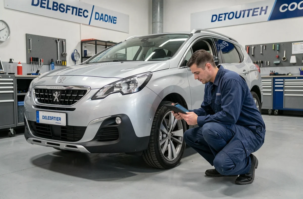 Technicien automobile inspectant une Peugeot 3008 argentée dans un atelier de concession lors d'une campagne de rappel