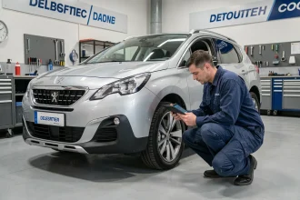 Technicien automobile inspectant une Peugeot 3008 argentée dans un atelier de concession lors d'une campagne de rappel