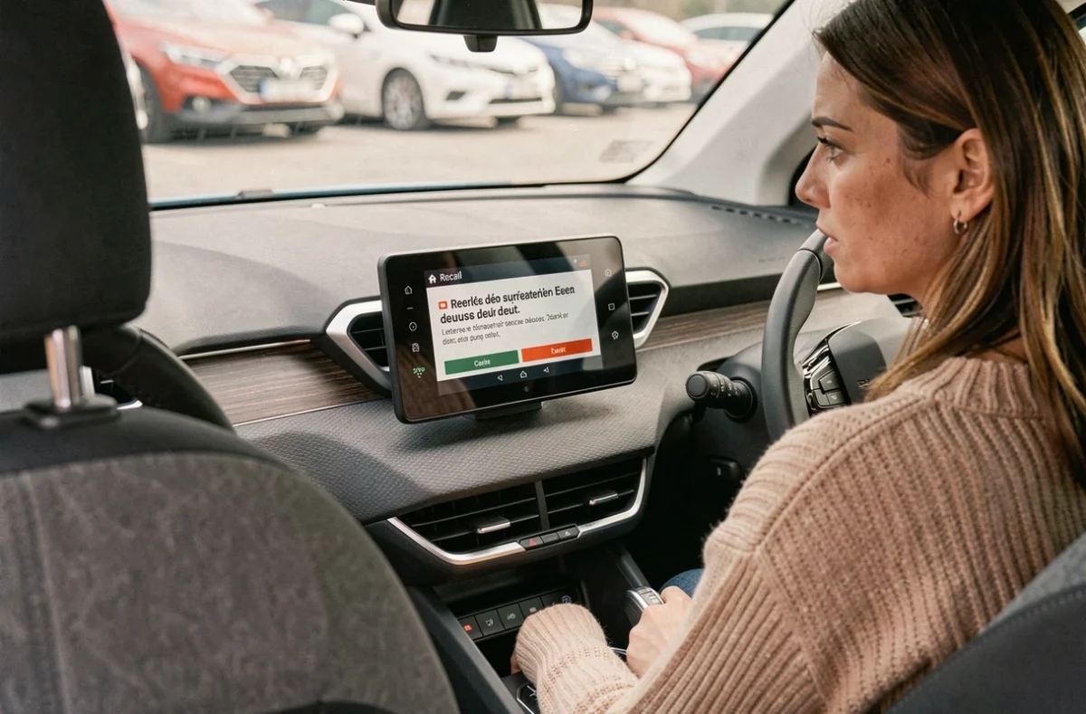 Conductrice découvrant un avis de rappel constructeur sur l'écran tactile de sa Peugeot 3008