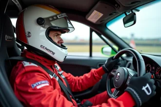 Pilote en combinaison de course rouge au volant d'une voiture de sport sur circuit lors d'un stage de pilotage