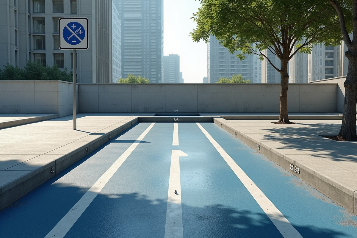 Espace de stationnement vide avec ligne blanche et panneau de zone de remorquage