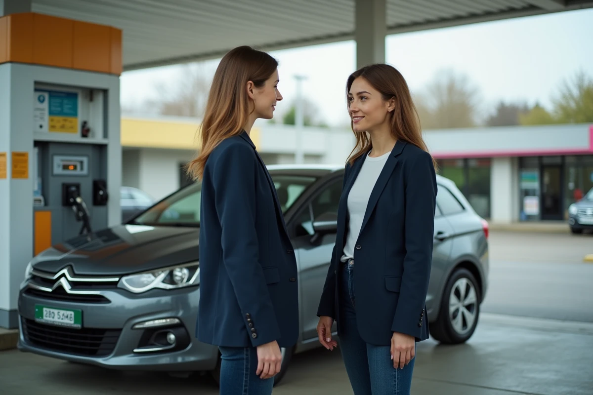 Femme faisant le plein d'une voiture de marque C à une station-service française pour comparer les coûts de carburant