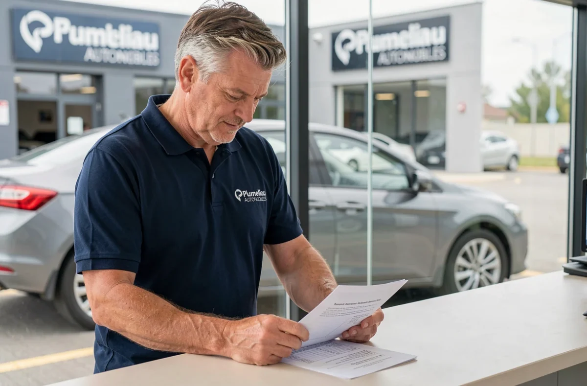 Responsable de Plumeliau Automobiles examinant un devis de réparation carrosserie à l'accueil