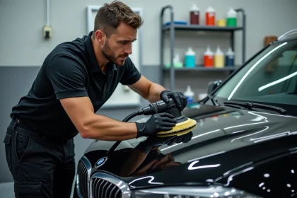 Technicien en carrosserie appliquant un polish sur la carrosserie noire d'une voiture avec une polisseuse orbitale dans un garage de détailing professionnel