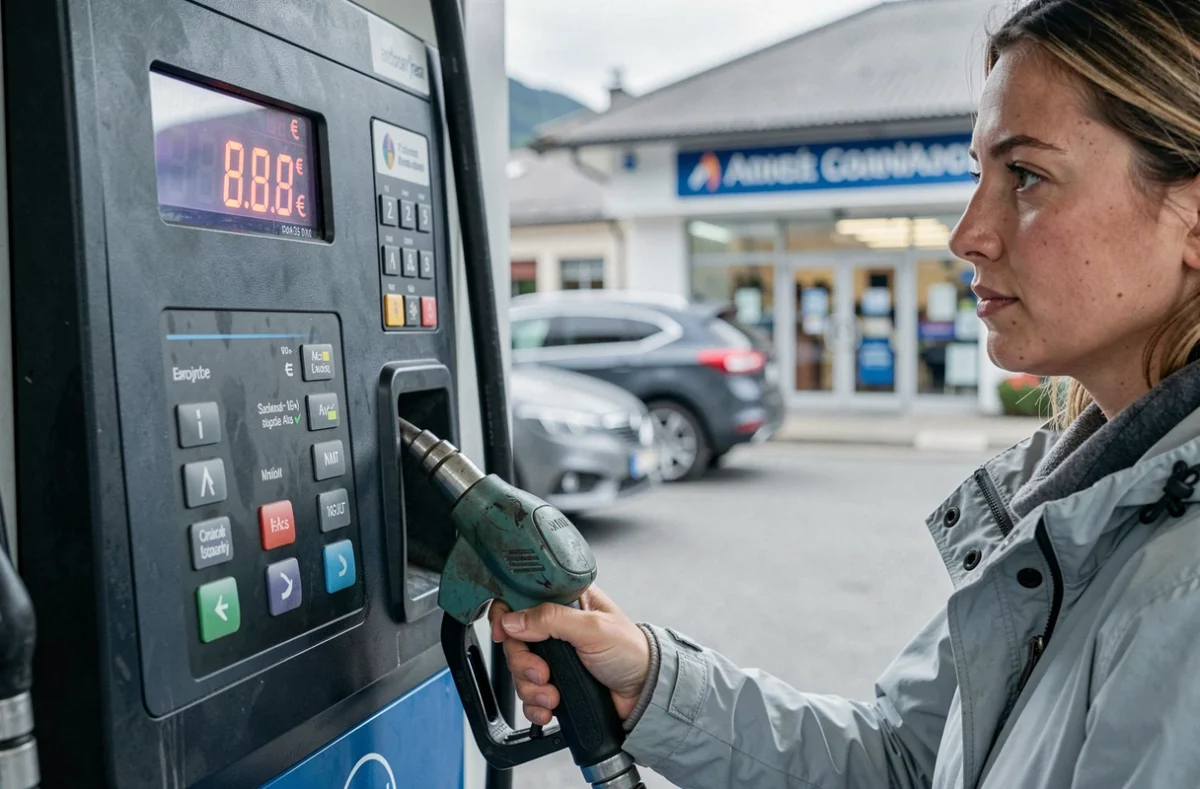 Gros plan sur un pistolet de pompe à carburant avec affichage du prix en Andorre