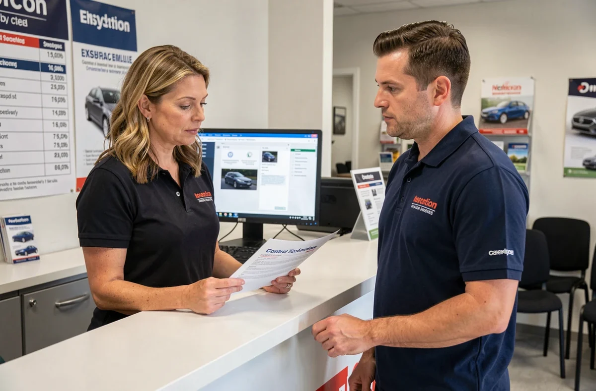 Cliente discutant du prix d'un contrôle technique avec un conseiller dans un centre franchisé