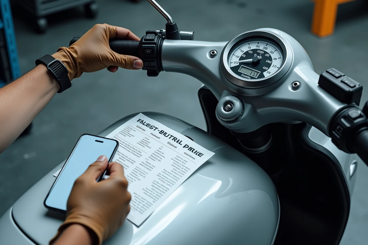 Comparaison des prix du contrôle technique scooter avec liste tarifaire et application mobile sur comptoir d'atelier