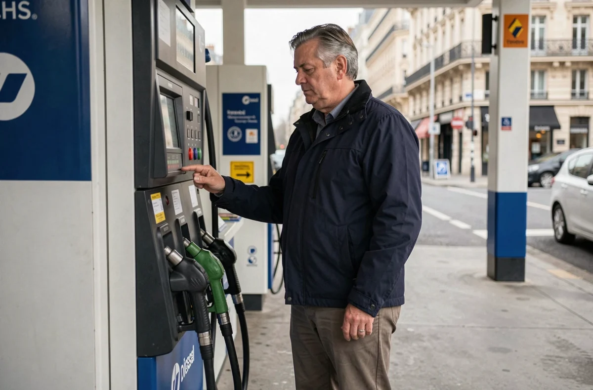 Homme consultant le prix du gasoil à une station-service parisienne en 2026