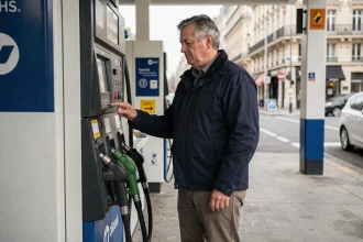 Homme consultant le prix du gasoil à une station-service parisienne en 2026
