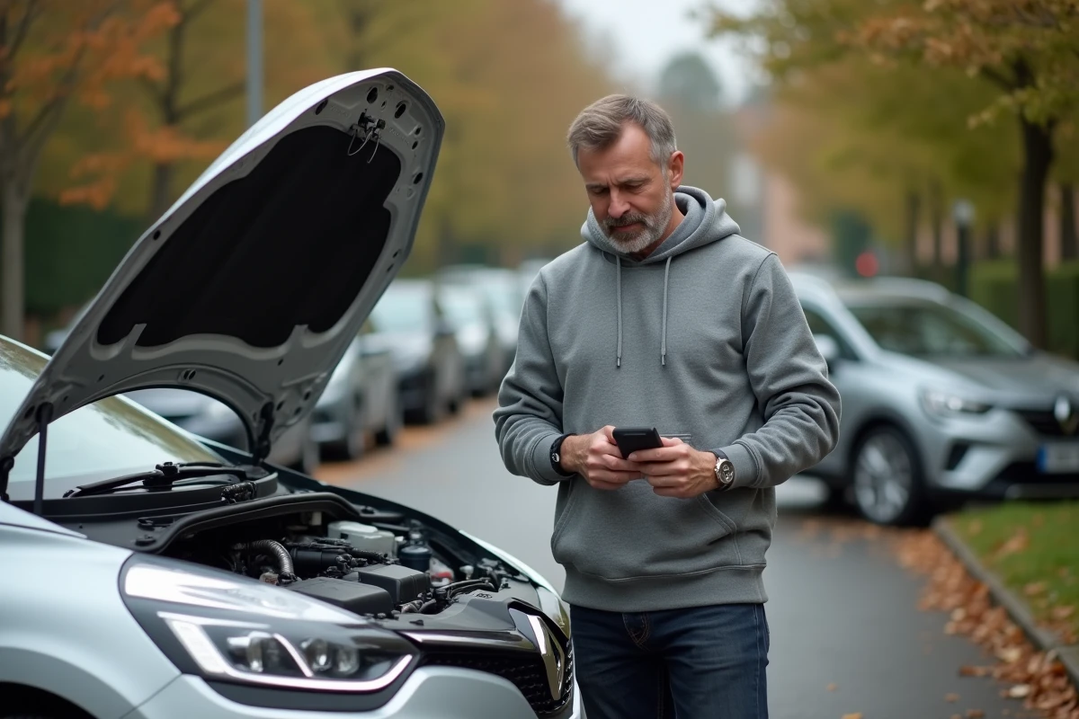 Propriétaire de Renault Clio 5 consultant un scanner de diagnostic devant le capot ouvert de son véhicule dans une rue résidentielle