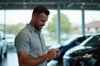 Homme cherchant une voiture rapidement sur son smartphone dans un showroom automobile moderne