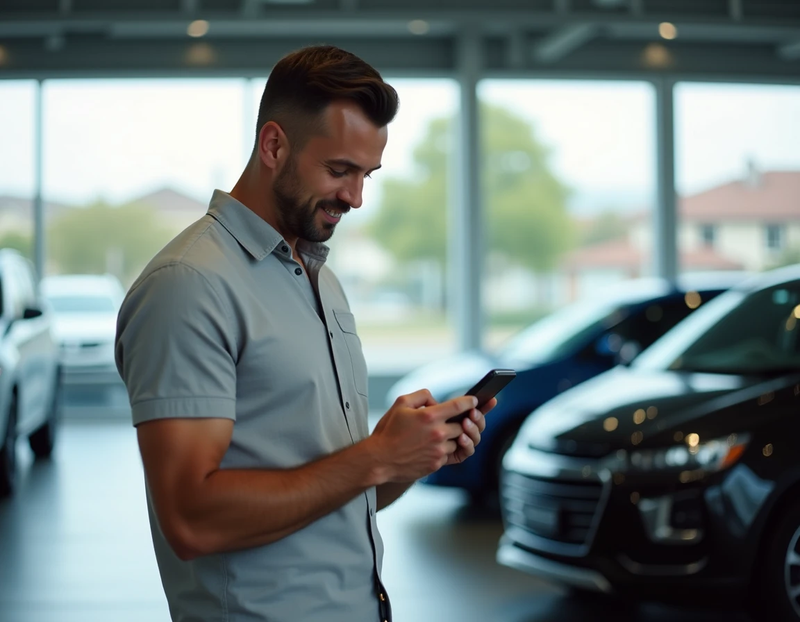 Homme cherchant une voiture rapidement sur son smartphone dans un showroom automobile moderne