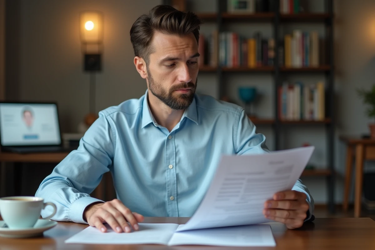 Homme concentré qui consulte des documents officiels pour récupérer des points sur son permis de conduire