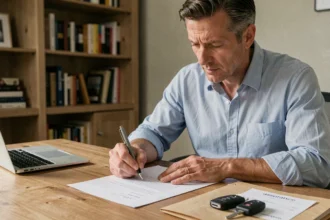 Homme rédigeant une lettre de résiliation d'assurance auto à son bureau avec des clés de voiture posées à côté