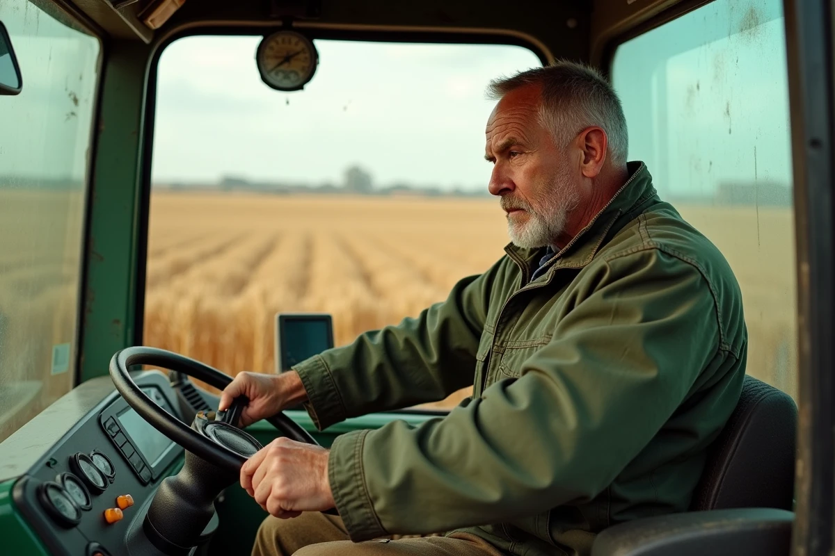 Agriculteur grand gabarit réglant son siège de tracteur en cabine dans un champ de céréales après récolte