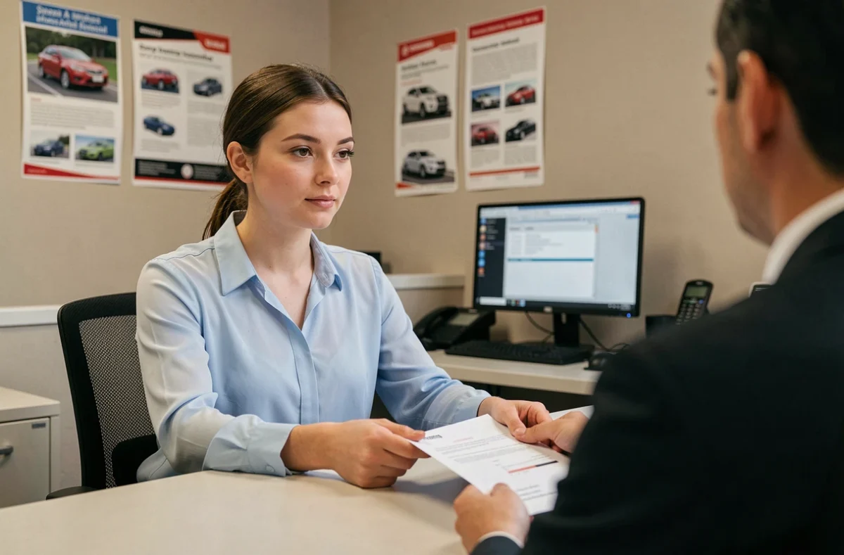 Jeune femme remettant son dossier de permis de conduire à un moniteur d'auto-école au guichet