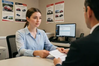 Jeune femme remettant son dossier de permis de conduire à un moniteur d'auto-école au guichet