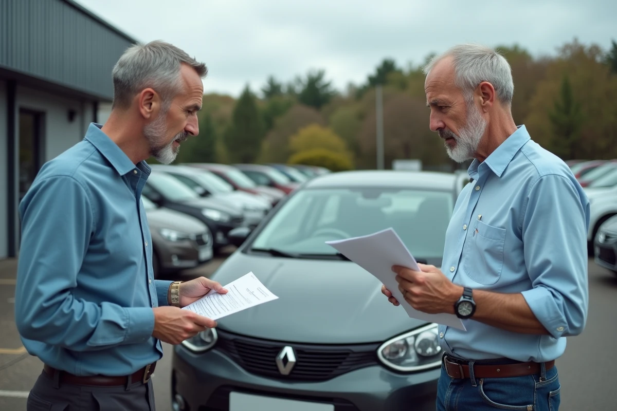 Deux hommes discutant du rapport d'inspection mécanique d'une voiture d'occasion dans un parking de vente entre particuliers, contexte Capcar