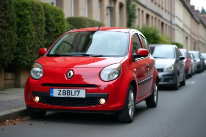 Renault Twingo rouge en leasing social garée dans une rue résidentielle française