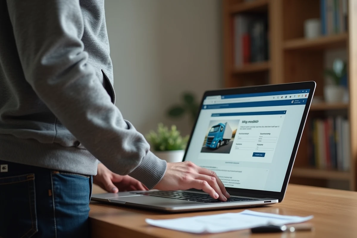 Homme réservant en ligne une location de camion 20m3 avec hayon sur ordinateur portable