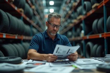 Responsable d'entrepôt de pneus comparant des catalogues de grossistes dans un vaste dépôt de stockage