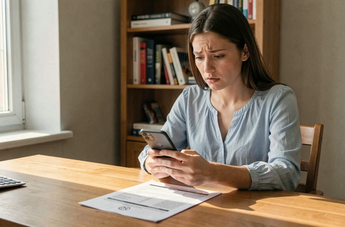 Jeune femme vérifiant les résultats de son permis de conduire sur son téléphone avec inquiétude