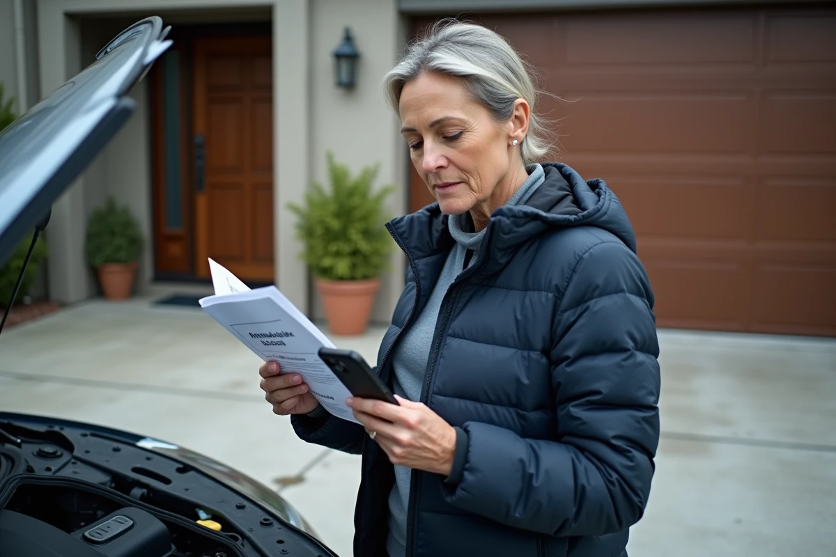 Femme consultant le manuel de voiture et son téléphone pour retrouver le code autoradio après une déconnexion de batterie