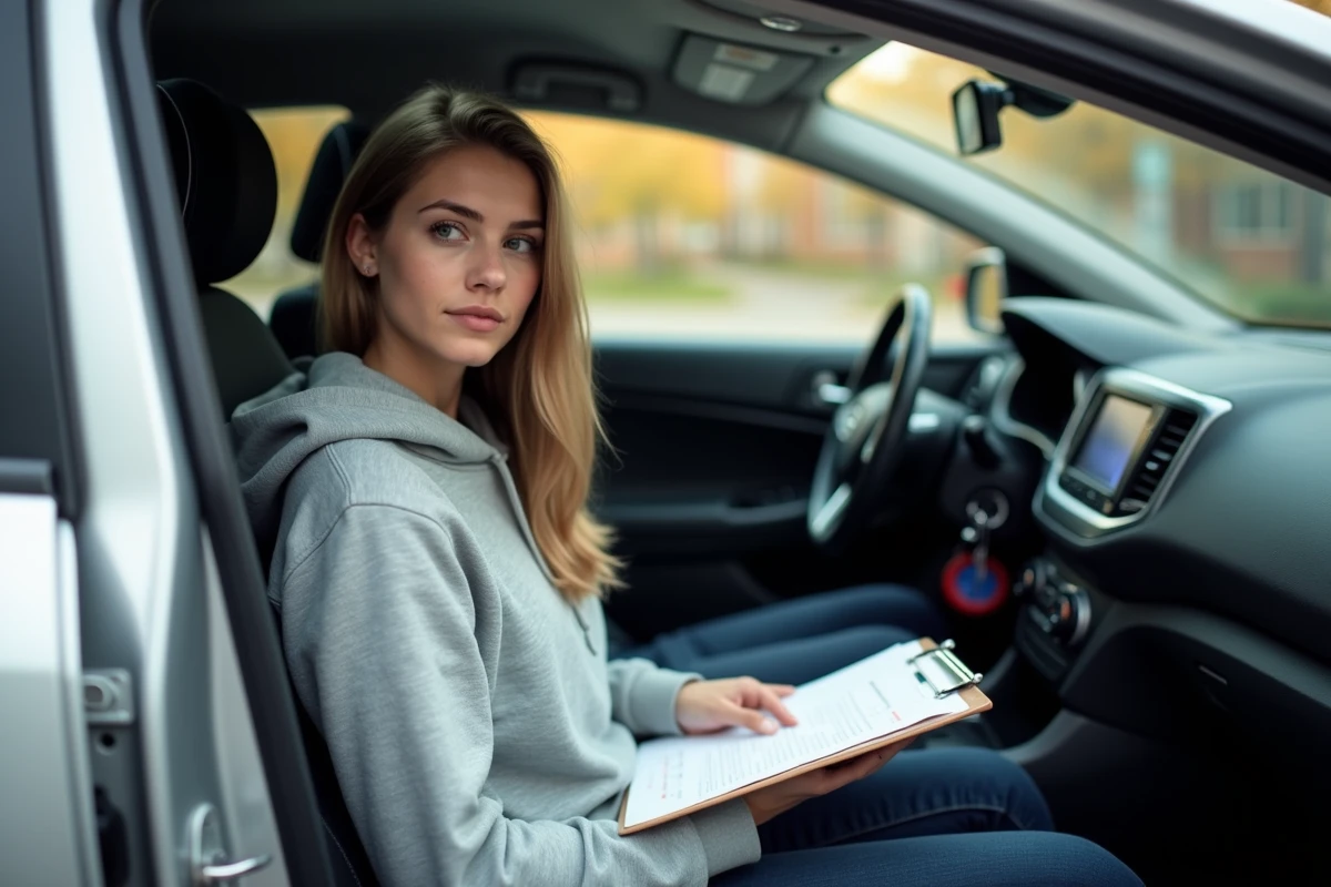 Jeune femme révisant la checklist des vérifications de sécurité intérieure avant l'examen du permis de conduire