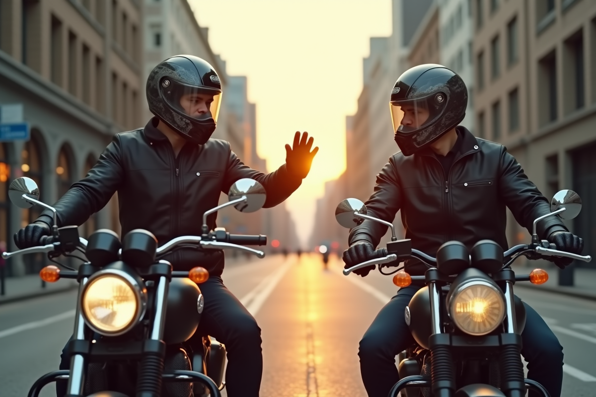 Motocyclistes se saluant au croisement en ville en apres-midi