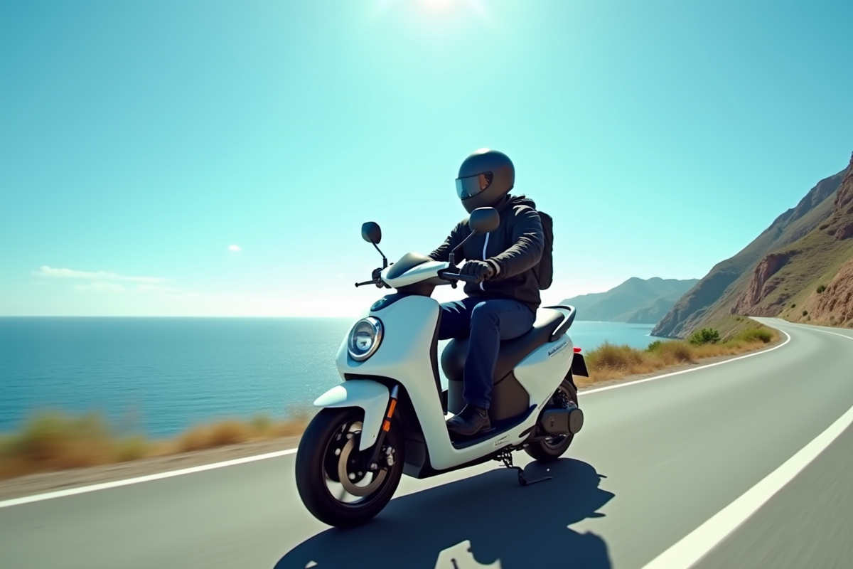 Scooter électrique en balade sur une route côtière en plein jour