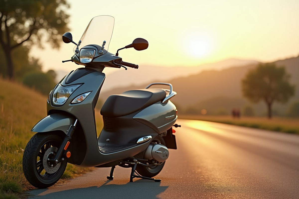 Zoom sur scooter Piaggio MP3 500 en campagne ensoleillee