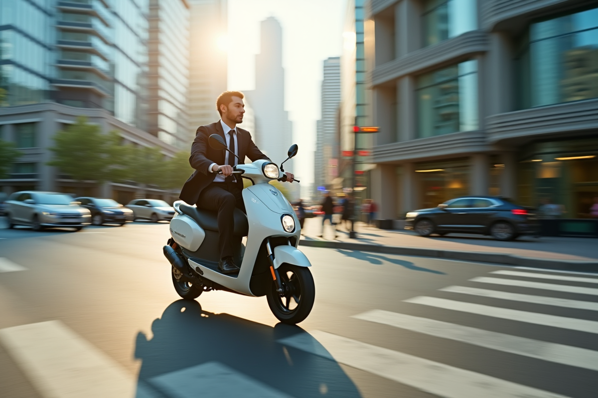 Jeune professionnel en scooter en ville dynamique