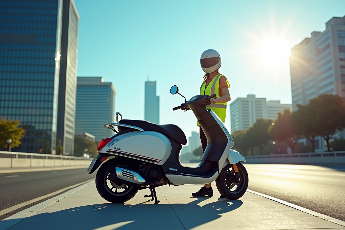 Scooter garé sur une route urbaine avec personne en casque et gilet