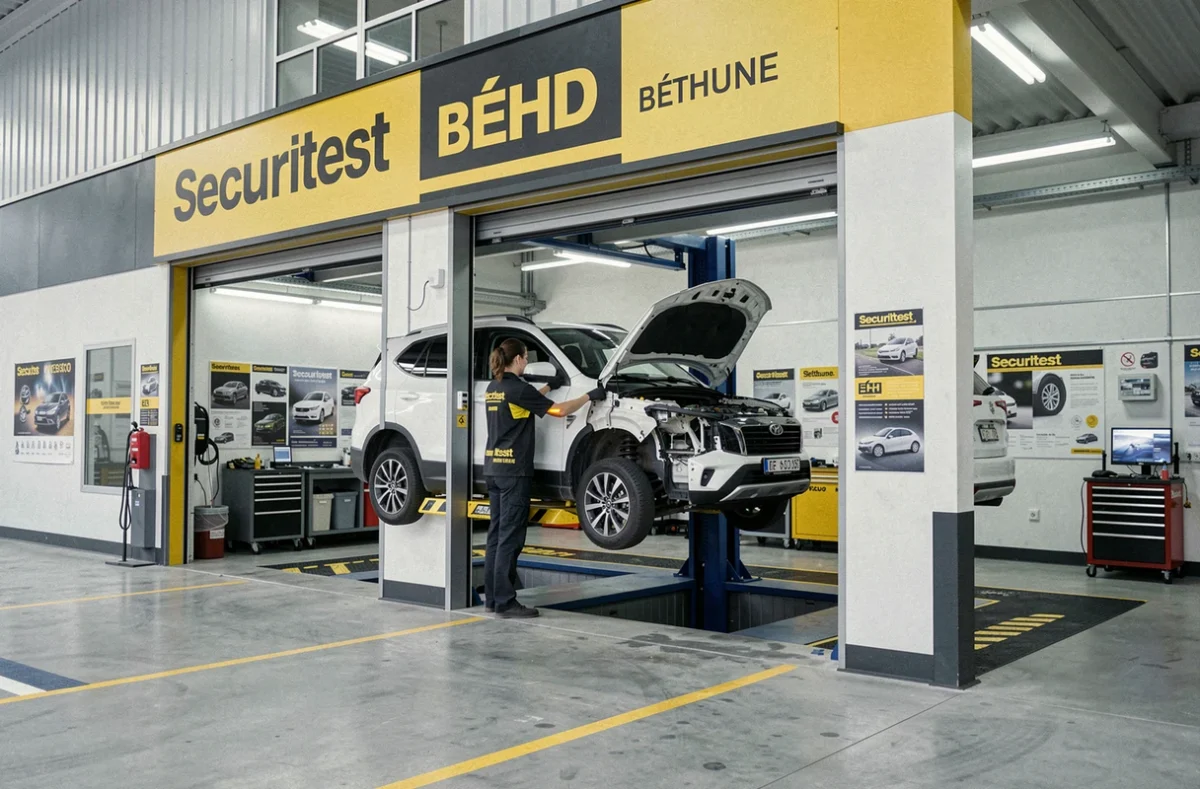 Centre Securitest à Béthune, technicienne inspectant le châssis d'un SUV blanc sur un pont élévateur