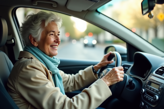 Femme senior souriante au volant d'une voiture compacte