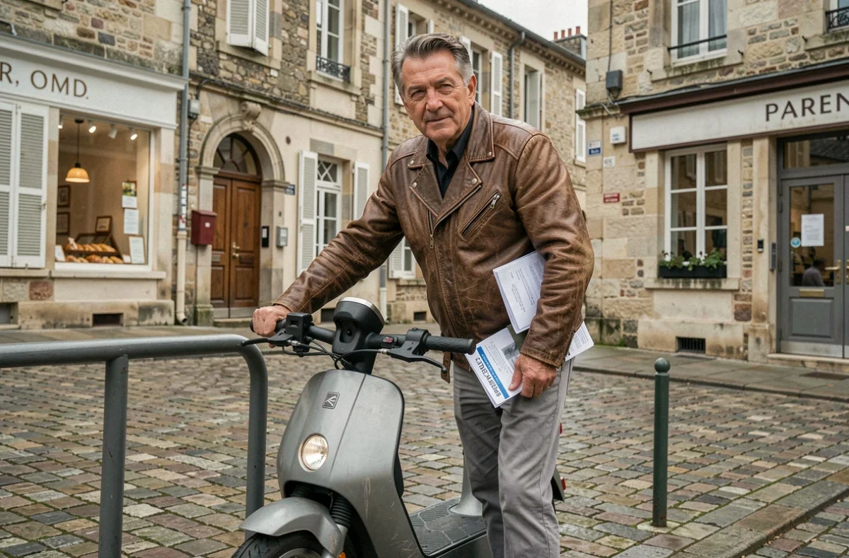 Homme senior verrouillant son scooter en ville avec un document d'assurance moto petit rouleur sous le bras
