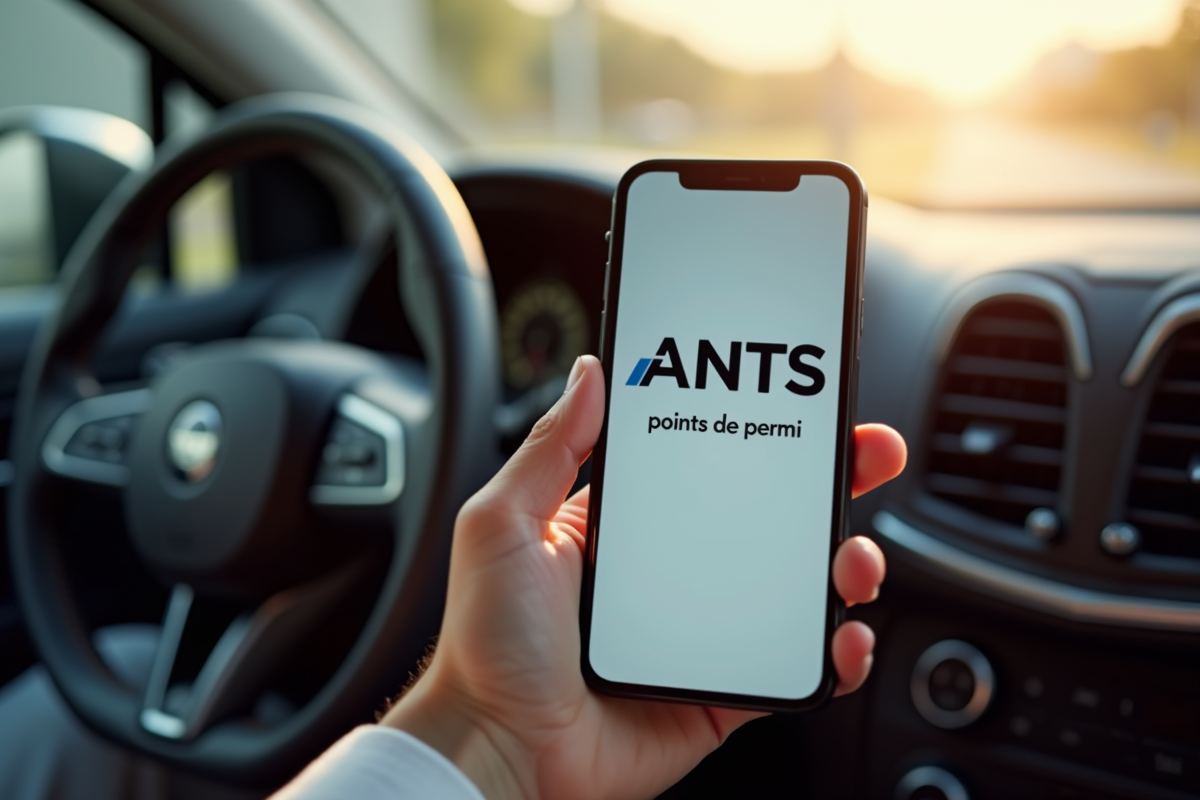 Zoom sur smartphone affichant site ANTS dans voiture en soleil