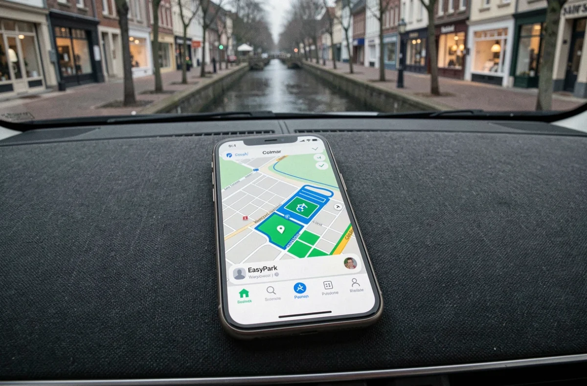 Smartphone posé sur un tableau de bord affichant l'application EasyPark avec la carte des zones de stationnement disponibles à Colmar