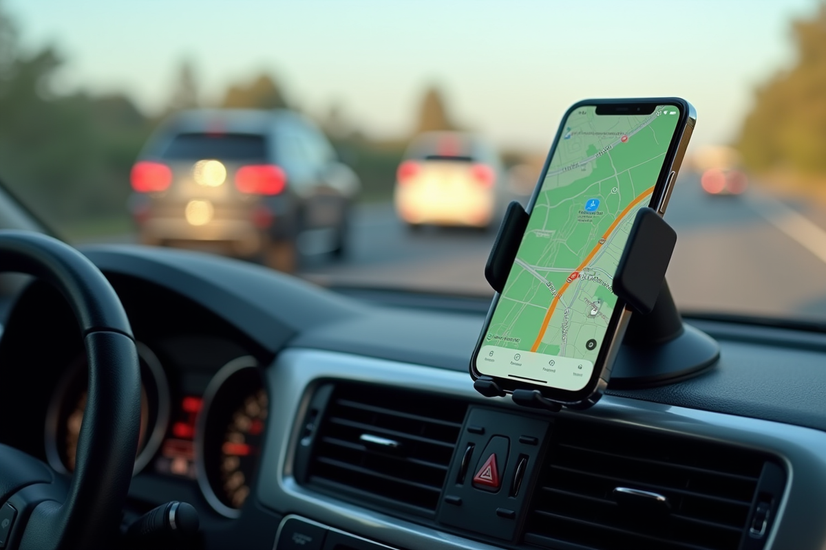Smartphone avec Waze fixé dans la voiture en journée