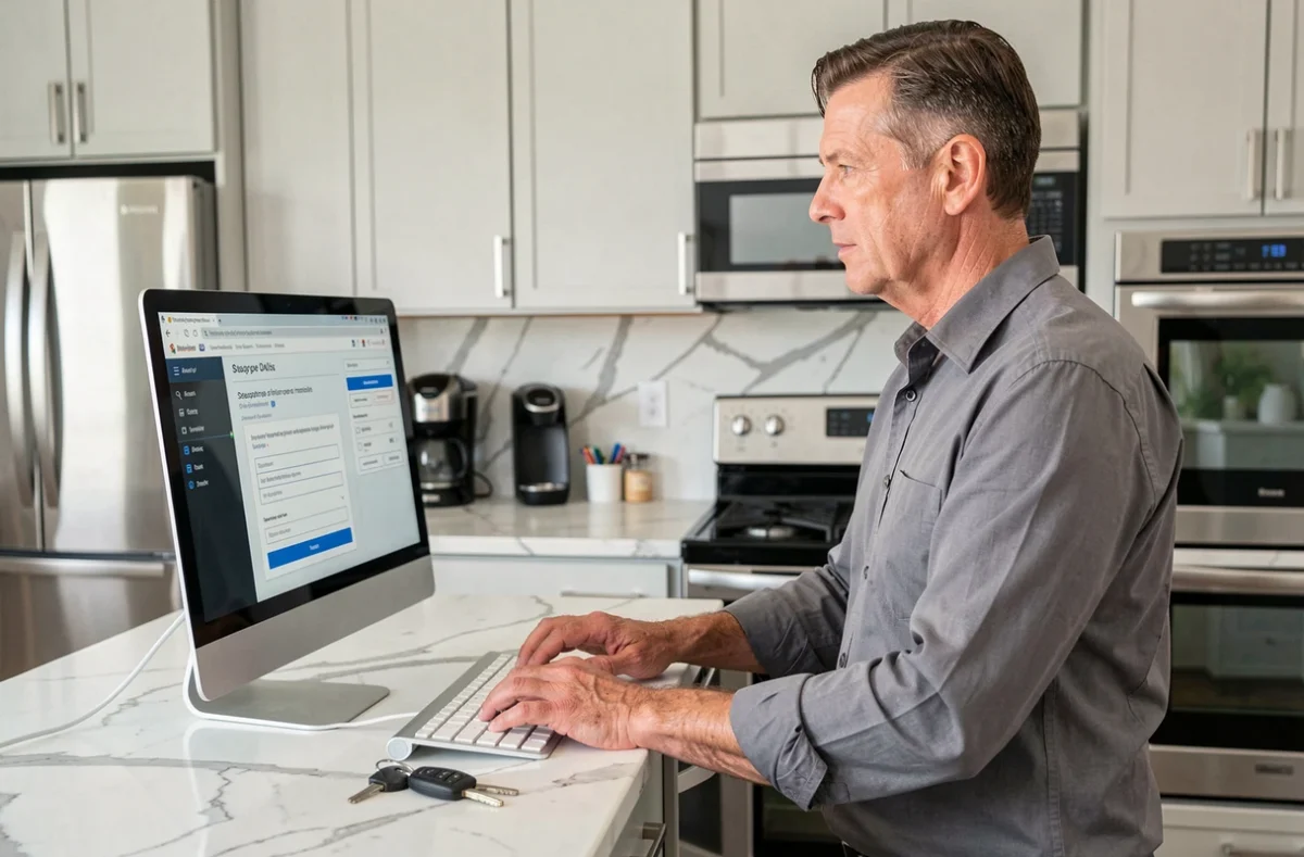 Homme souscrivant une assurance auto en ligne sur ordinateur depuis sa cuisine moderne