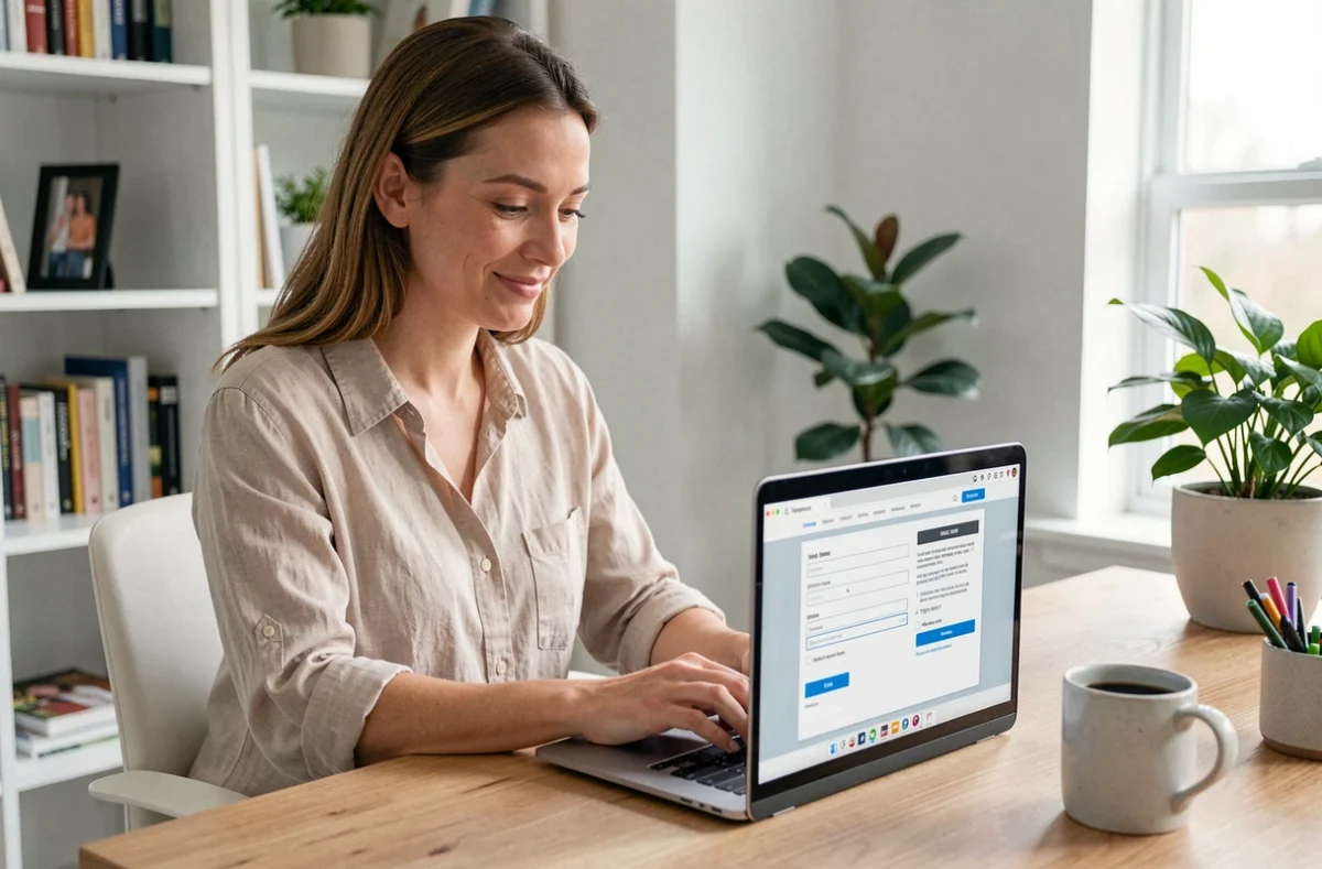 Femme souscrivant une assurance auto en ligne sur son ordinateur portable depuis son bureau à domicile