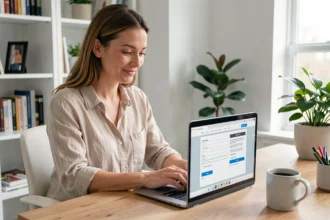 Femme souscrivant une assurance auto en ligne sur son ordinateur portable depuis son bureau à domicile