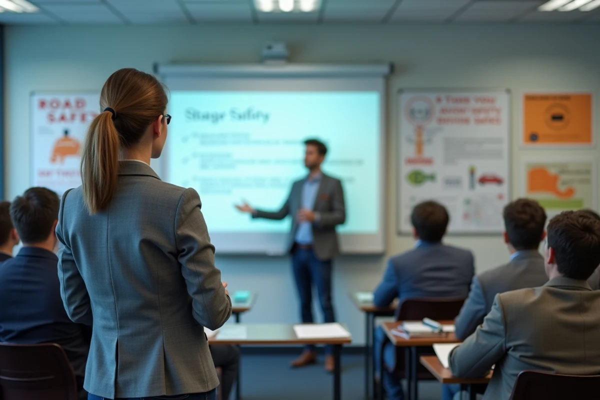 Femme participant à un stage de récupération de points de permis de conduire dans une salle de formation