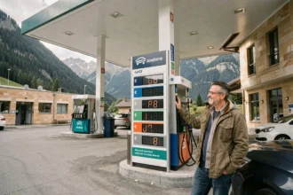 Station-service en Andorre affichant des prix carburant bas avec les Pyrénées en arrière-plan