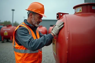 Technicien en sécurité inspectant un conteneur de stockage d'essence dans un dépôt industriel