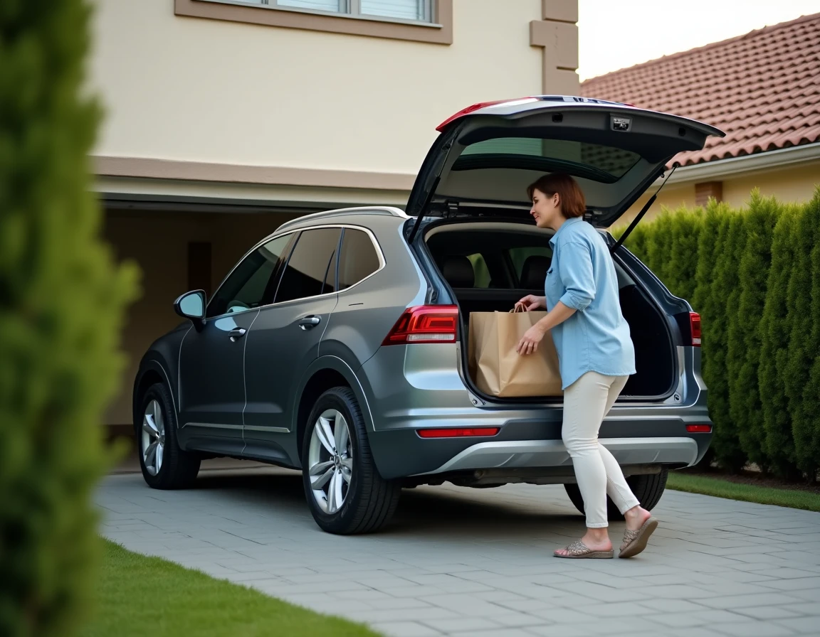 Femme chargeant des courses dans le coffre d'un SUV familial garé devant un pavillon, illustrant la capacité et les dimensions d'une voiture familiale