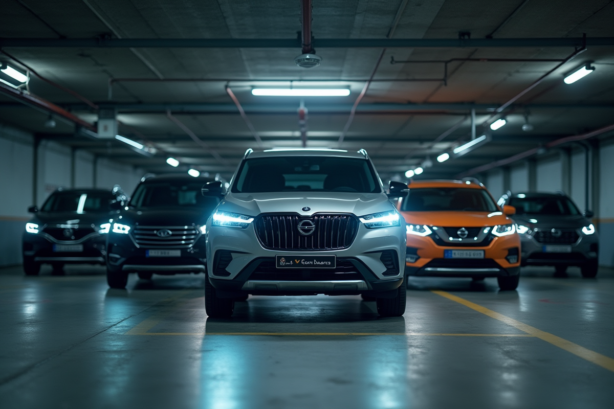 Ligne de SUV en parking souterrain avec alarme et caméra de surveillance