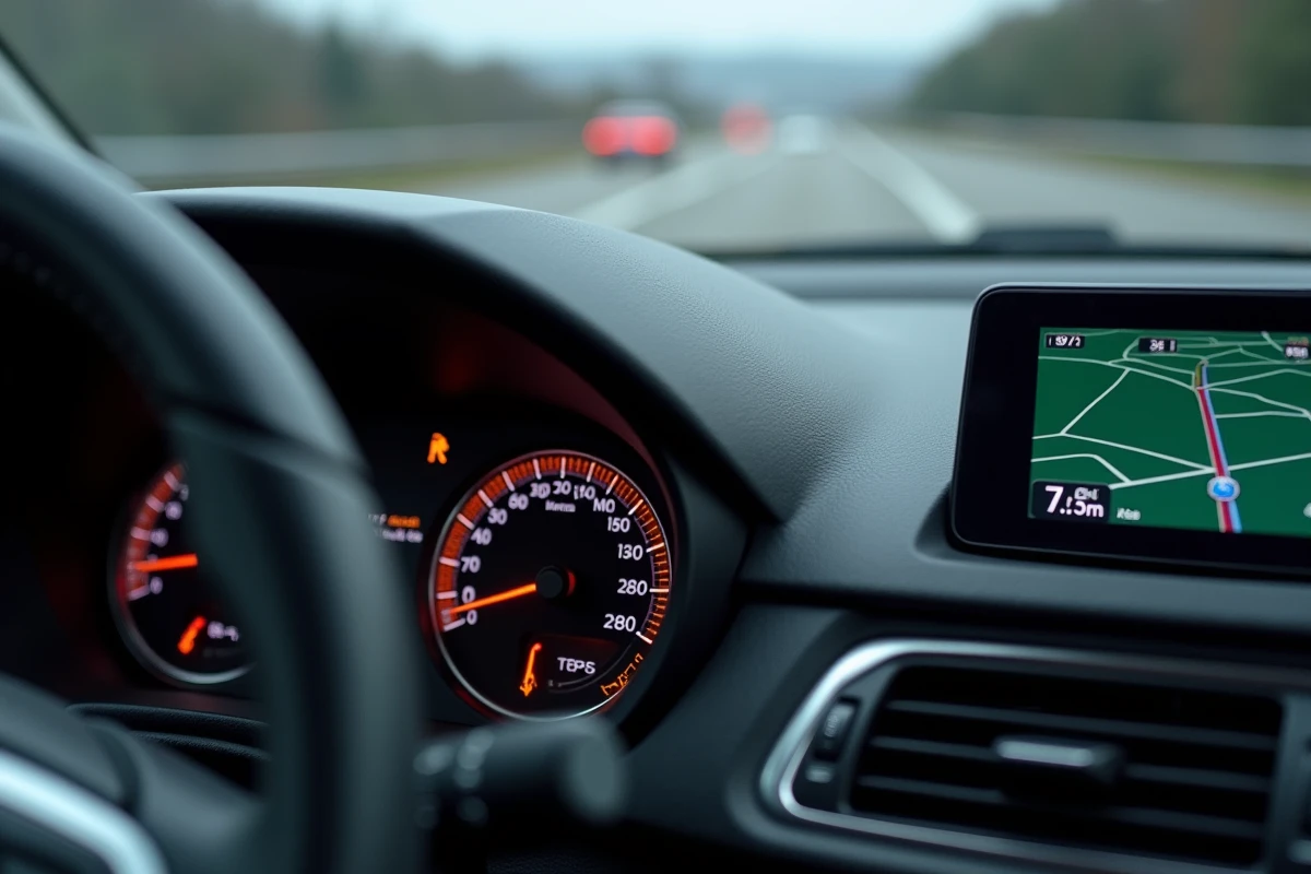 Tableau de bord de voiture montrant la jauge de carburant au minimum et le GPS affichant un trajet avec estimation de consommation d'essence