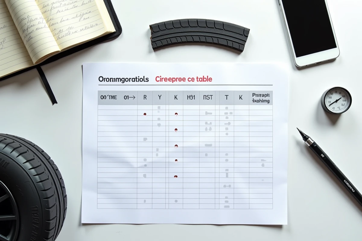 Vue de dessus d'un tableau de correspondance des indices de vitesse de pneu posé sur un établi avec des outils automobiles