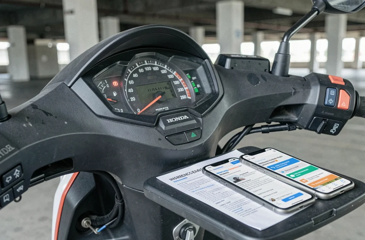 Tableau de bord Honda Forza 125 avec document d'assurance et comparateur en ligne sur smartphone